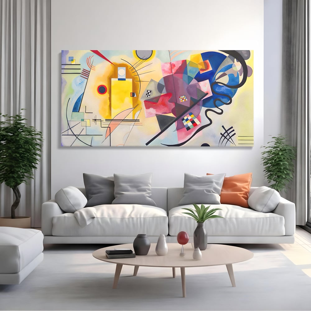Tablou canvas cu pictura abstracta cu forme geometriche si linii, fara rama, pe sasiu de lemn, pe perete intr-un living